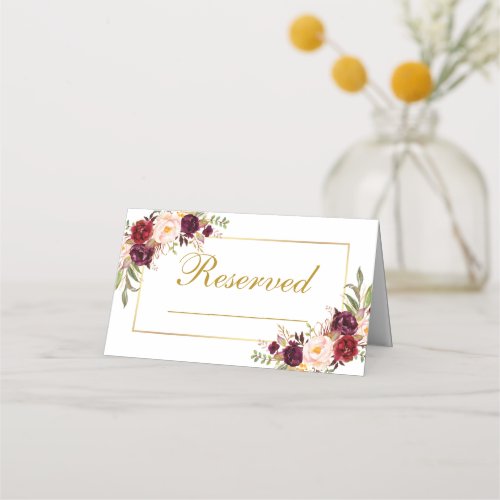 Watercolor Floral Burgundy Wedding Reserved Gold Place Card