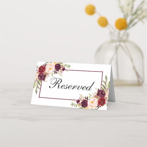 Watercolor Floral Burgundy Wedding Reserved Place Card