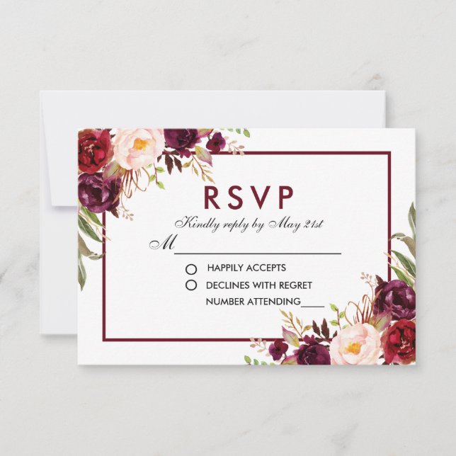 Watercolor Floral Burgundy Wedding RSVP (Front)