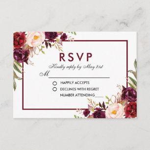 Watercolor Floral Burgundy Wedding RSVP Card