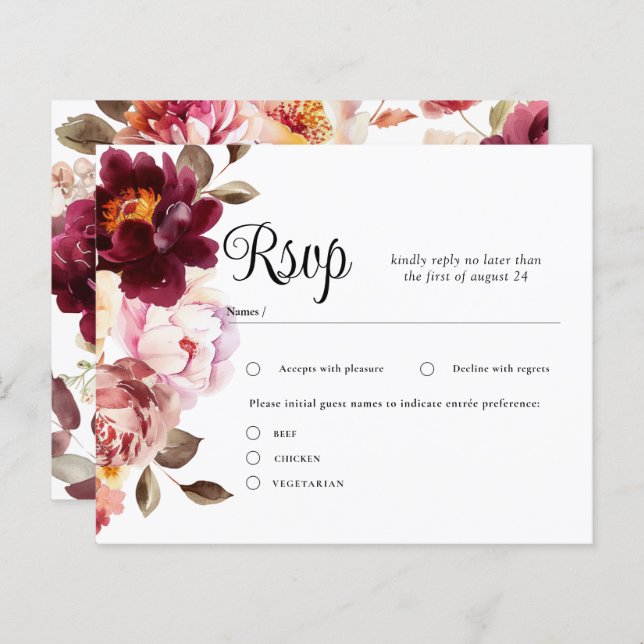 Watercolor Floral Burgundy Wedding RSVP Cards (Front/Back)