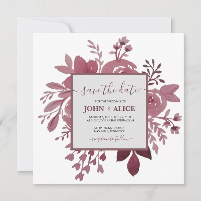 Watercolor Floral Burgundy Wedding Save the Dates Invitation (Front)