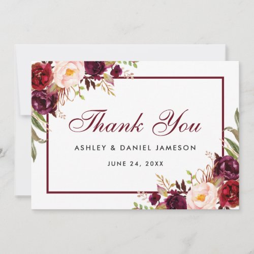 Watercolor Floral Burgundy Wedding Thank You B