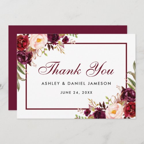 Watercolor Floral Burgundy Wedding Thanks SB Thank You Card