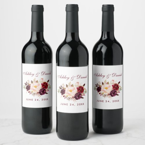 Watercolor Floral Burgundy Wedding Wine Label