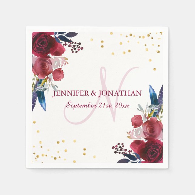 Watercolor Floral Burgundy Wine Wreath Wedding Napkins (Front)