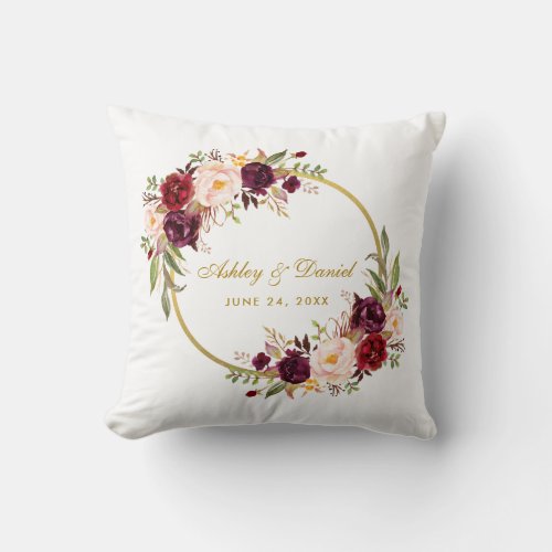 Watercolor Floral Burgundy Wreath Gold Wedding Throw Pillow