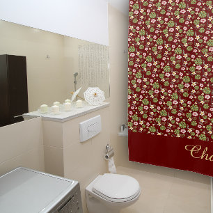 Watercolor floral burgundy yellow elegant name  shower curtain