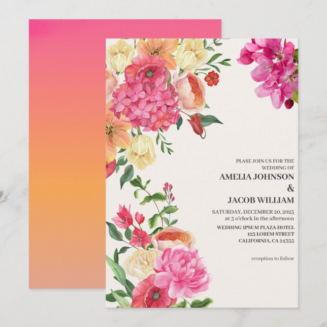 Watercolor floral butter yellow spring wedding invitation (Front/Back)