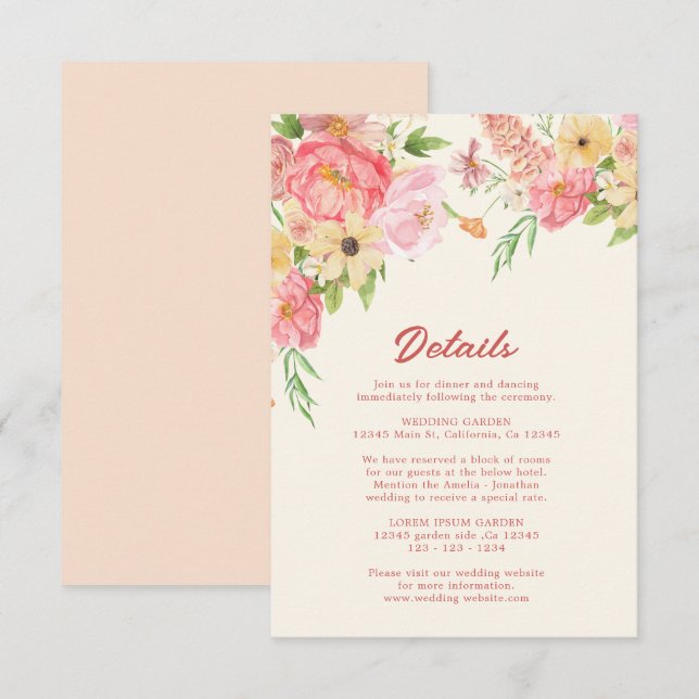 Watercolor floral butter yellow Wedding details  Enclosure Card (Front/Back)