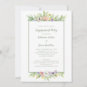 Watercolor Floral Butterflies Engagement Party Invitation
