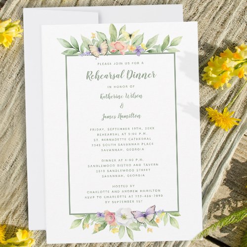 Watercolor Floral Butterflies Rehearsal Dinner Invitation