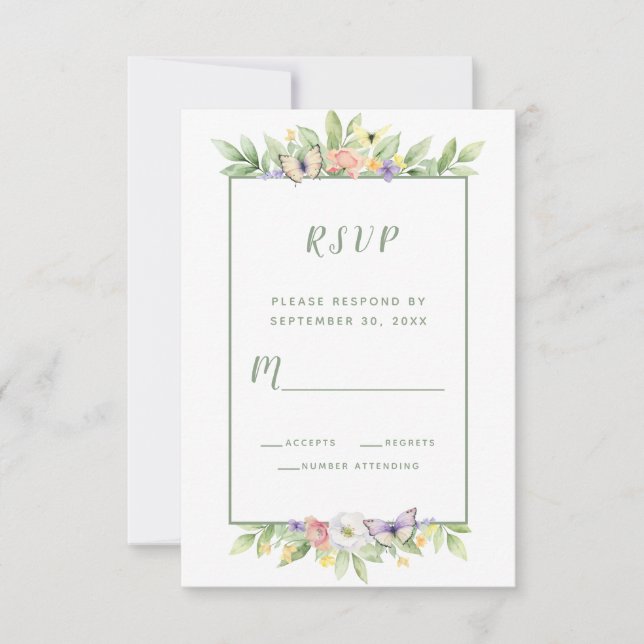 Watercolor Floral Butterflies Wedding Enclosure RSVP Card (Front)