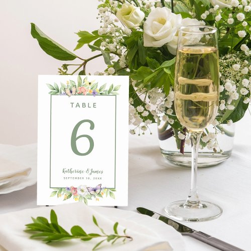 Watercolor Floral Butterflies Wedding Sage Green Table Number