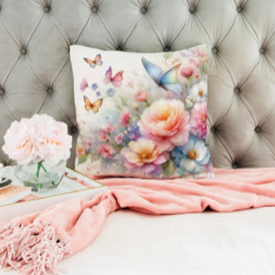 Watercolor Floral & Butterfly Dance Throw Pillow