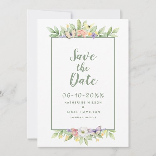 Watercolor Floral Butterfly Elegant Wedding Green Save The Date