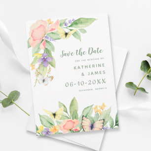 Watercolor Floral Butterfly Elegant Wedding Green Save The Date