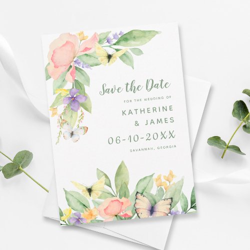 Watercolor Floral Butterfly Elegant Wedding Green Save The Date