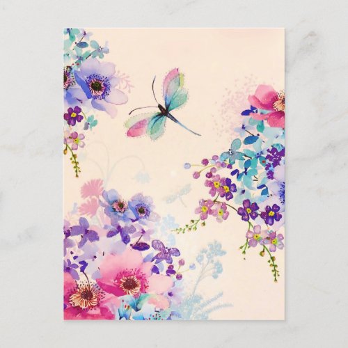 Watercolor Floral Butterfly Garden Glitter Holiday Postcard