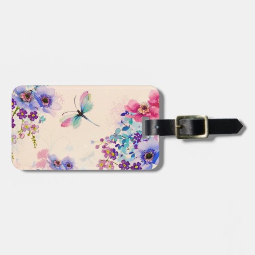 Watercolor Floral Butterfly Garden Glitter Luggage Tag