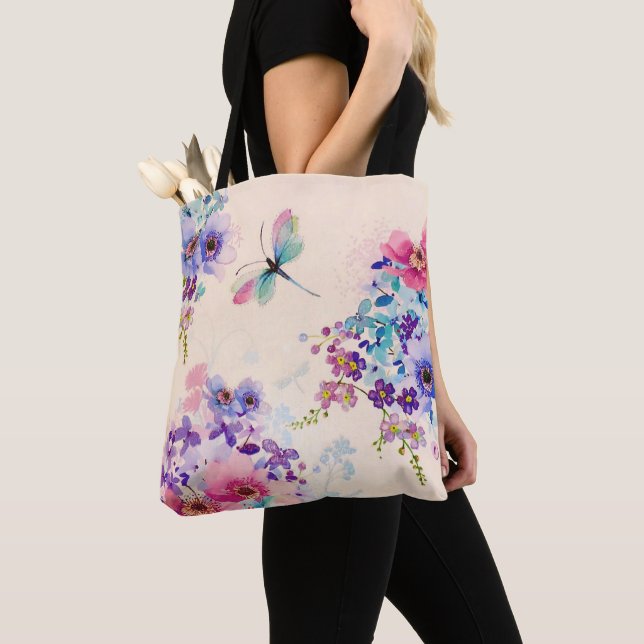 Watercolor Floral Butterfly Garden Glitter Tote Bag (Close Up)