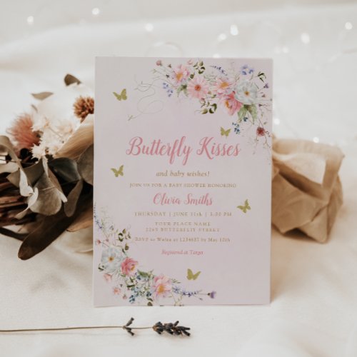 Watercolor Floral Butterfly Kisses Baby Shower Invitation