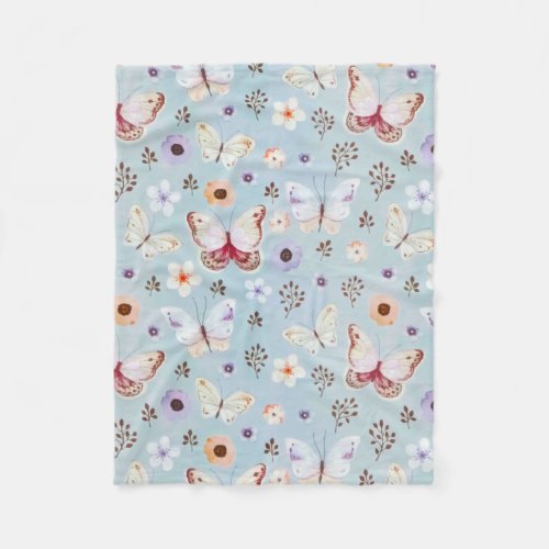 Watercolor Floral Butterfly Meadow Fleece Blanket