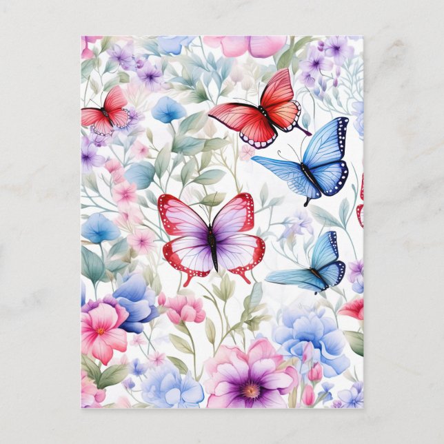 Watercolor Floral Butterfly Pattern Holiday Postcard (Front)