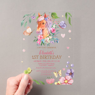 Watercolor Floral Butterfly Pony Stripe Birthday Acrylic Invitations