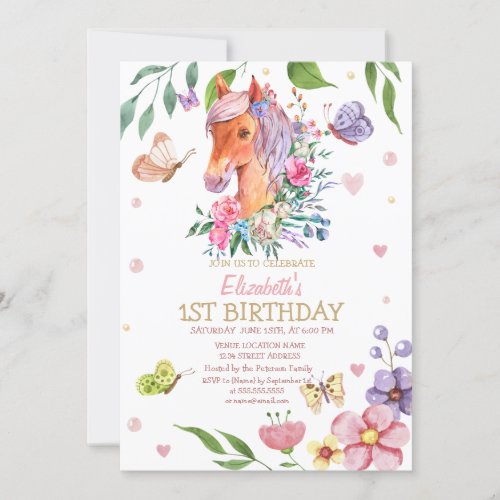 Watercolor Floral Butterfly Pony Stripe Birthday   Invitation