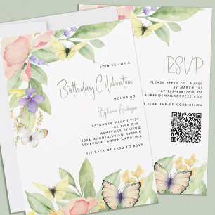 Watercolor Floral Butterfly QR Code Birthday Party Invitation
