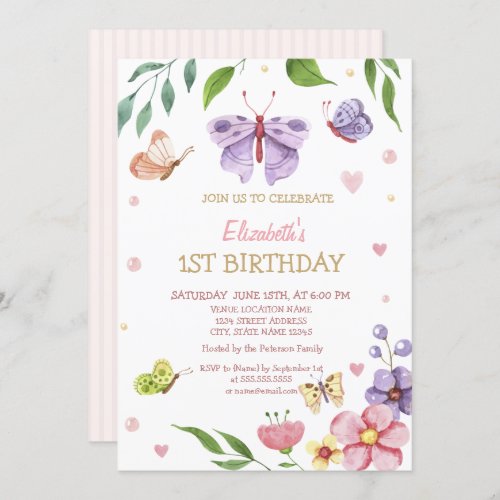 Watercolor Floral Buttetrfly Striped Birthday   Invitation