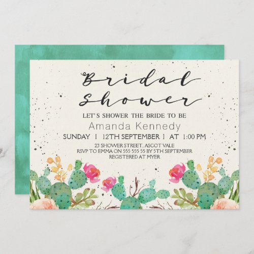 Watercolor Floral Cactus Bridal Shower Invitation