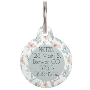 Watercolor Floral Cactus Patter Pet Name ID Tag