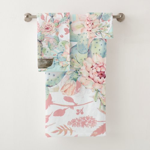 Watercolor Floral Cactus Pink Teal Bath Towel Set