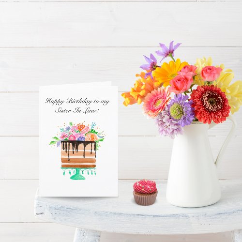 Watercolor Floral Cake Birthday Sister_In_Law Holiday Card