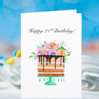 Watercolor Floral Cake Happy 21st Birthday Holiday Card