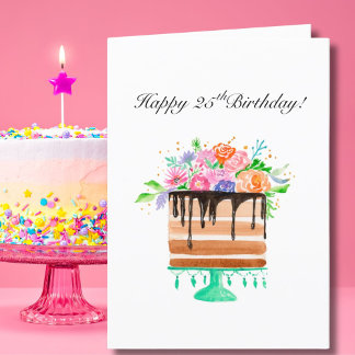 Watercolor Floral Cake Happy 25th Birthday Holiday Card