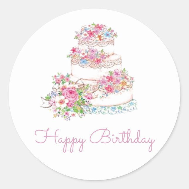 Watercolor Floral Cake Happy Birthday Classic Round Sticker (Front)