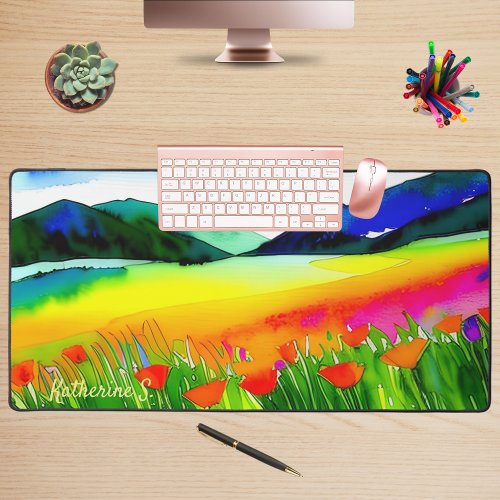 Watercolor Floral California Poppies Meadow Nature Desk Mat