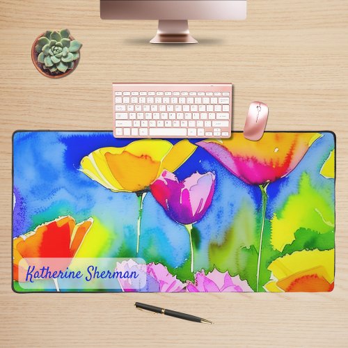 Watercolor Floral California Poppies Wildflowers Desk Mat