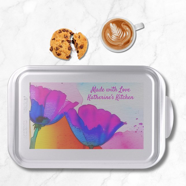 Watercolor Floral California Poppy Pink Blue Cake Pan (Watercolor personalized cake pan with bright floral California poppies to share the love of baking!)