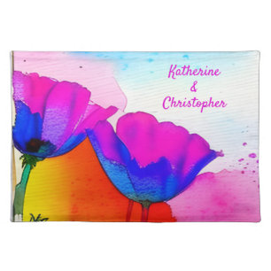 Watercolor Floral California Poppy Pink Blue Cloth Placemat