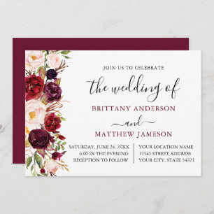 Watercolor Floral Calligraphy Burgundy Wedding Invitation
