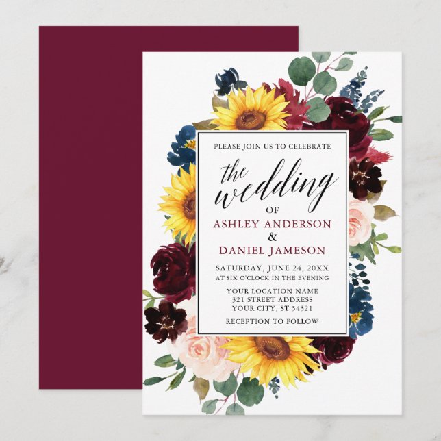 Watercolor Floral Calligraphy Burgundy Wedding Invitation (Front/Back)