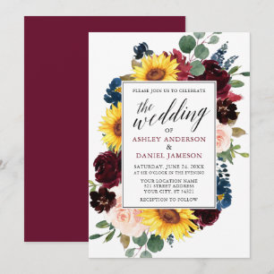 Watercolor Floral Calligraphy Burgundy Wedding Invitation