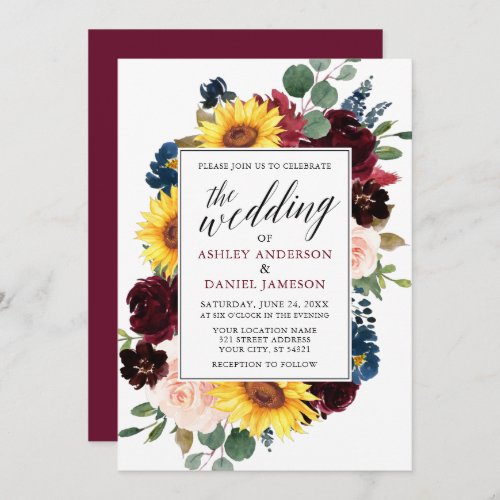 Watercolor Floral Calligraphy Burgundy Wedding Invitation