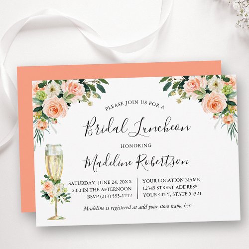 Watercolor Floral Calligraphy Coral Bridal Lunch Invitation