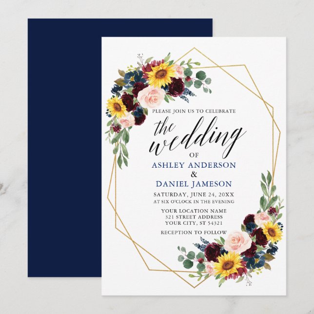 Watercolor Floral Calligraphy Geometric Wedding Invitation (Front/Back)