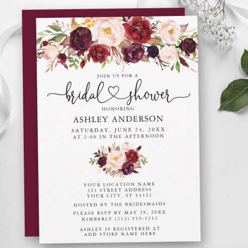 Watercolor Floral Calligraphy Heart Bridal Shower Invitation